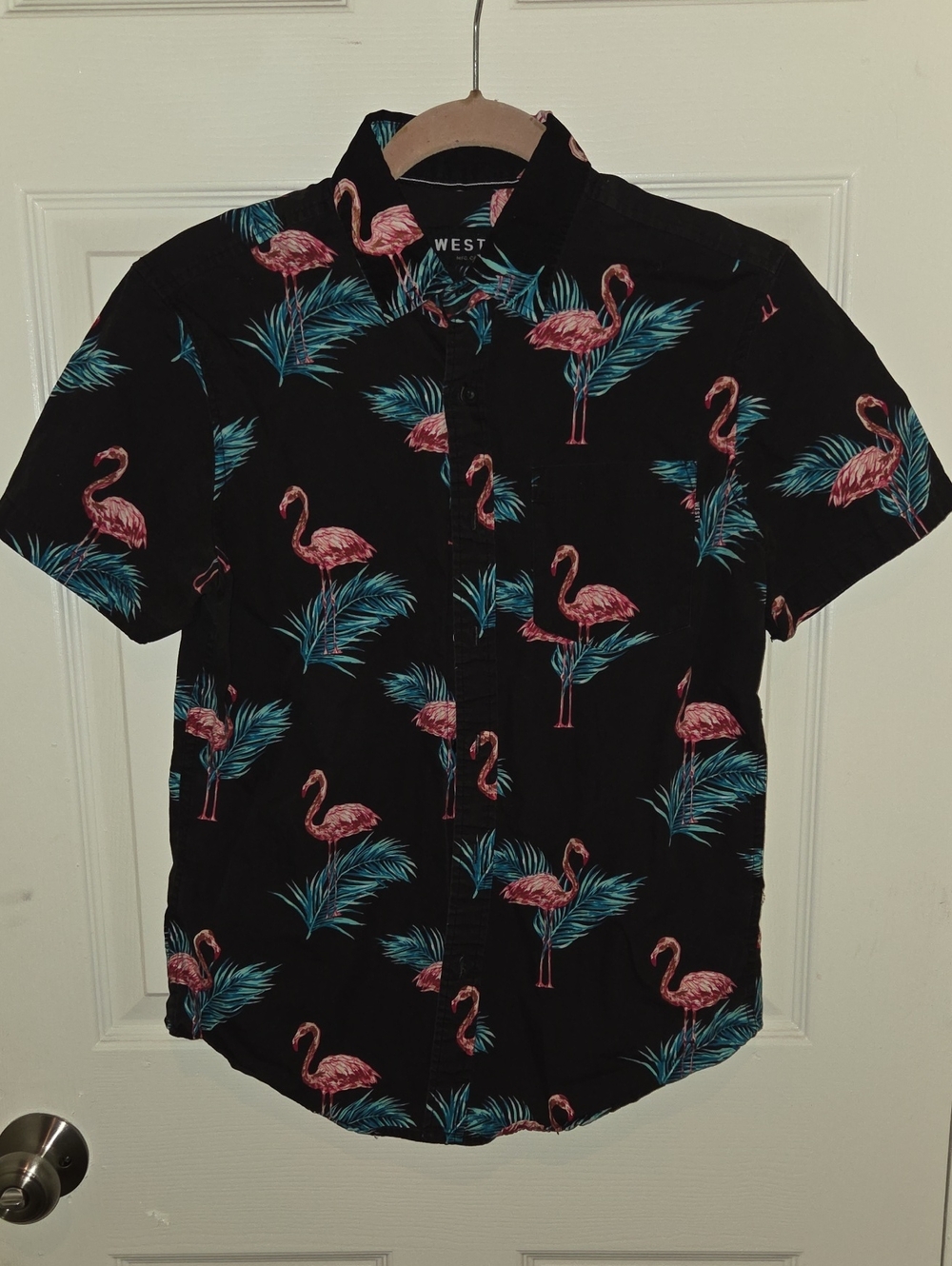 100% Cotton Westy Tropical Black Short-Sleeve Flamingo Print Button-Down Shirt